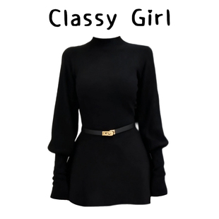 法式赫本风半高领灯笼袖黑色收腰毛衣女2025秋冬新款显瘦内搭上衣