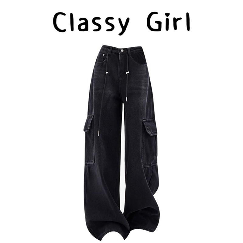 秋冬美式高腰设计感阔腿牛仔裤