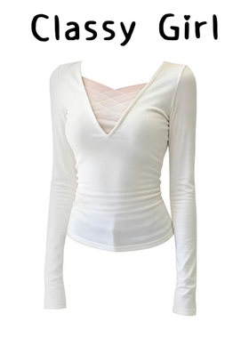 白色v领网纱拼接性感打底衫上衣女2025秋冬高级感内搭辣妹长袖t恤