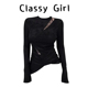 黑色拼接不规则T恤女2025年冬季 Classy girl 圆领套头显瘦上衣女