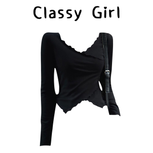 显瘦木耳边分叉设计感长袖 新款 上衣 V领T恤女2025秋季 黑色弹力修身