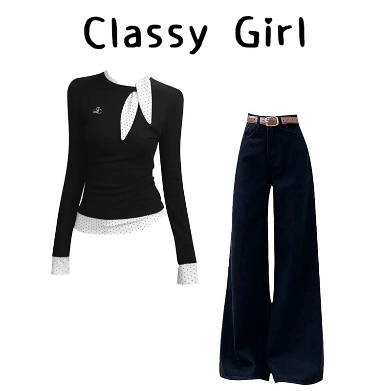秋冬韩系蝴蝶结t恤牛仔裤套装