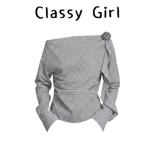 女早春季 花朵飘带斜肩高级感衬 衬衫 小众复古格纹一字肩荡领长袖