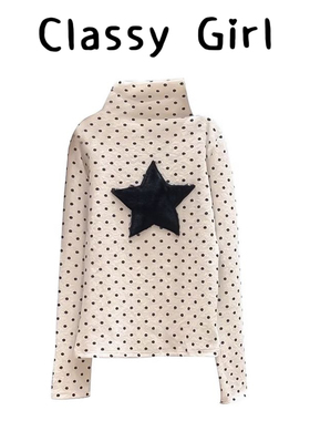 白色半高领长袖磨毛加厚T恤女秋冬季内搭打底衫波点星星毛绒上衣