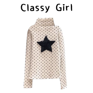 波点星星毛绒上衣 内搭打底衫 白色半高领长袖 磨毛加厚T恤女秋冬季