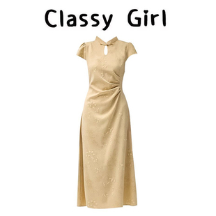 【浅黄雅韵】VEGA CHANG盘扣改良旗袍裙夏设计感收腰短袖连衣裙