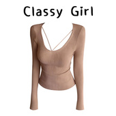 辣妹显瘦打底衫 Classy 上衣 女秋季 修身 girl韩女纯欲U领长袖 针织衫