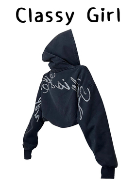 黑色印花卫衣女2025秋季新款修身显瘦复古开衫连帽短外套