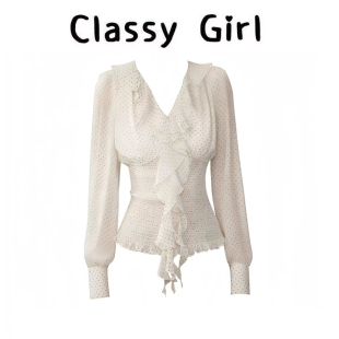 衬衣独特漂亮设计感小众长袖 法式 上衣 女2026新款 白色波点收腰衬衫