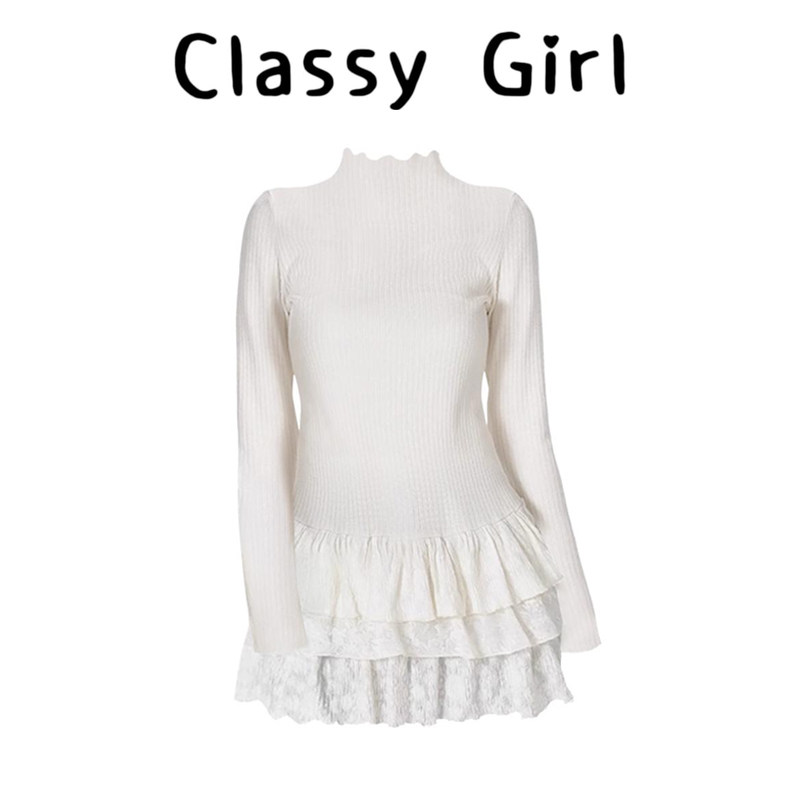 秋冬新款多层花边叠穿t恤打底衫