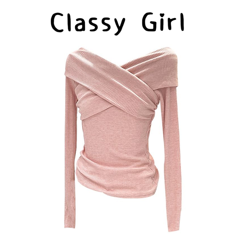 一字肩交叉V领抽褶打底衫女早秋