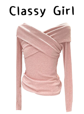 Classy girl 一字肩交叉V领抽褶打底衫女早秋露肩T恤韩系修身上衣