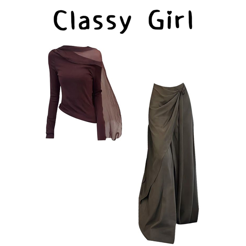 秋冬美拉德斜肩上衣宽松阔腿套装