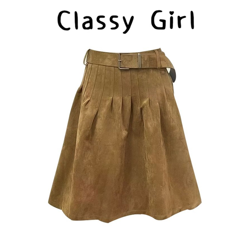 配腰带卡其色麂皮绒百褶裙女2025春季新款高腰设计感显瘦半身中裙,女装/女士精品,大码半身裙,淘宝优惠券,粉丝福利购,淘宝优惠卷