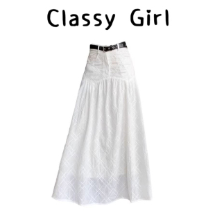 小众立体格纹剪花白色半身裙女夏季 设计感百搭高腰a字裙显瘦长裙