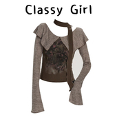 girl 美式 复古印花大翻领长袖 Classy t恤女秋辣妹设计感修身 上衣