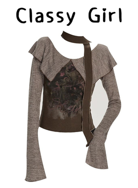 Classy girl 美式复古印花大翻领长袖t恤女秋辣妹设计感修身上衣