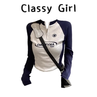 独特漂亮早秋上衣 拉链内搭打底衫 正肩女t恤长袖 韩系穿搭修身