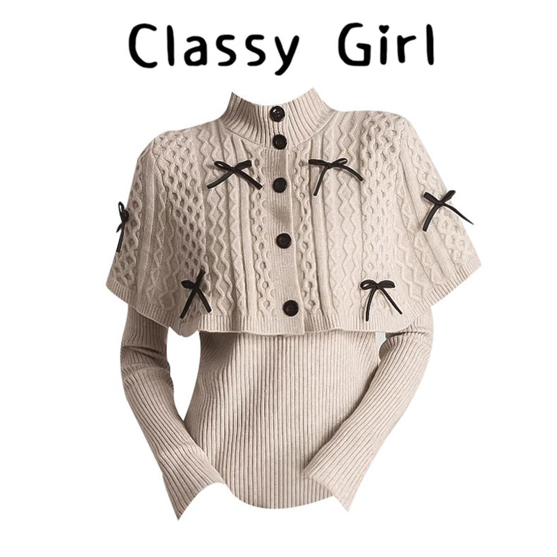 蝴蝶结针织衫叠穿披肩斗蓬上衣女冬季韩系设计感燕麦色毛衣套装,女装/女士精品,大码内搭,淘宝优惠券,粉丝福利购,淘宝优惠卷