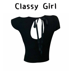 女显瘦设计感圆领短款 T恤夏季 上衣 短袖 蝴蝶结绑带U型镂空正肩修身