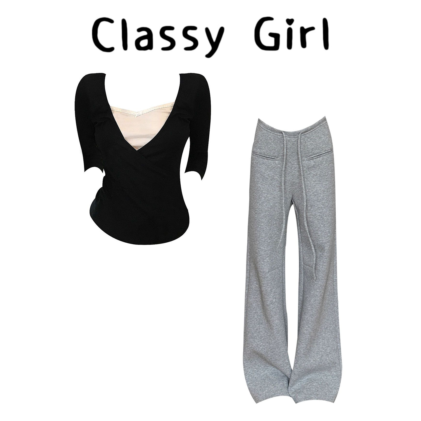 早秋V领显瘦百搭微喇叭裤t恤套装