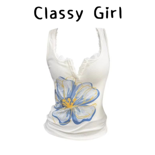 甜辣妹白色蕾丝花边吊带背心女夏外穿设计感花朵印花修身 上衣 无袖