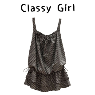 法式 高级感抽绳绑带上衣 温柔风双层荷叶边格纹吊带背心女2026夏季