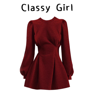 Classy girl 赫本风红色长袖连衣裙女秋冬季新年战袍收腰显瘦短裙