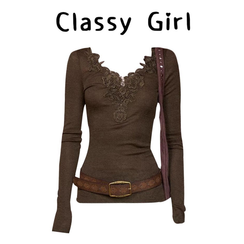 Classy girl 法式复古蕾丝玫瑰花边拼接上衣北欧苔绿V领修身T恤女,女装/女士精品,大码内搭,淘宝优惠券,粉丝福利购,淘宝优惠卷