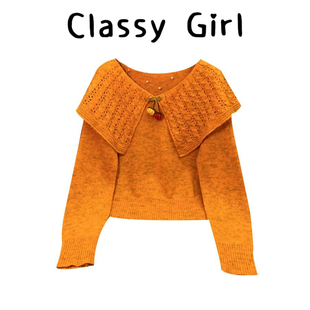 秋冬橘色大领子针织衫 Classy 巨显白 南瓜奶油挞 毛衣女 girl