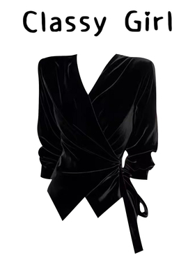 设计感小众收腰长袖绝美上衣秋冬独特别致黑色v领高级丝绒衬衫女