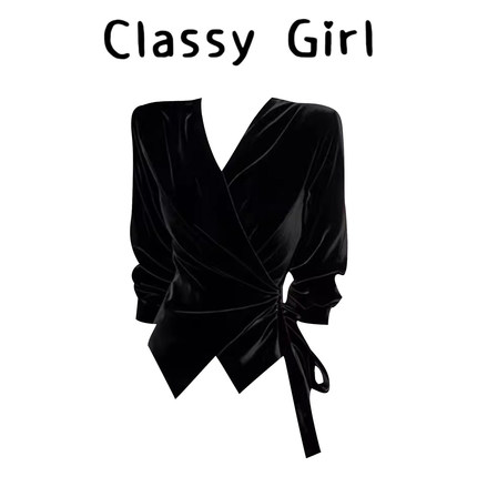 设计感小众收腰长袖绝美上衣秋冬独特别致黑色v领高级丝绒衬衫女