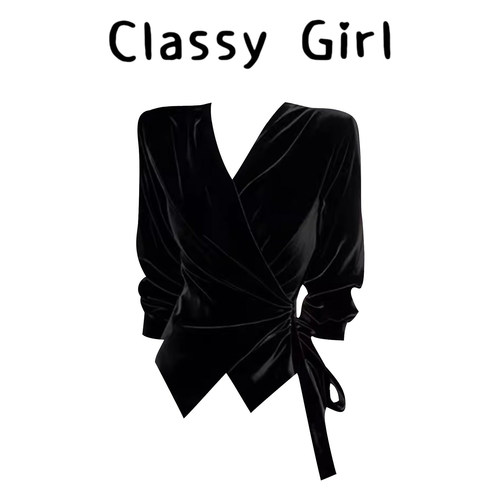 黑色v领丝绒收腰长袖衬衫女