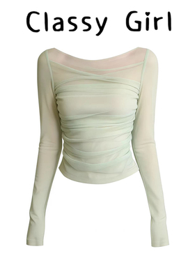 绿色网纱拼接长袖上衣女春夏韩系辣妹风褶皱设计感修身显瘦内搭