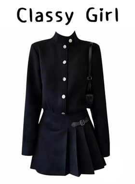 气质辣妹麂皮绒黑色长袖连衣裙女秋冬小众设计感收腰显瘦百褶短裙