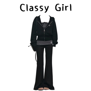 Classy girl 辣妹绑带抹胸条纹微喇裤慵懒风设计感卫衣外套女套装