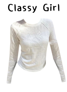 韩系白色长袖t恤女2026春季修身内搭蝴蝶结设计感短款上衣新款