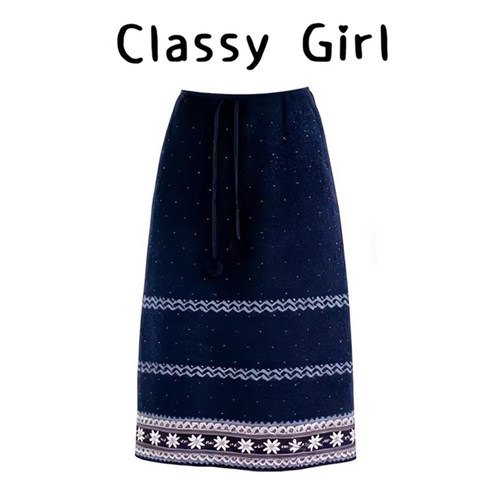 秋冬雪花提花针织高腰休闲长裙