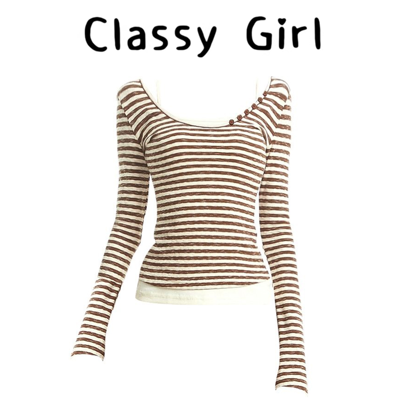 秋冬假两件条纹修身慵懒内搭上衣