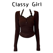 Classy 上衣 咖色蕾丝假两件加绒T恤女秋冬修身 girl 高智姐姐