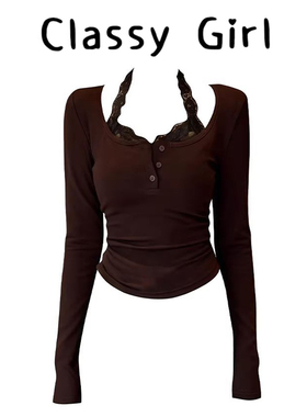 Classy girl 【高智姐姐】咖色蕾丝假两件加绒T恤女秋冬修身上衣