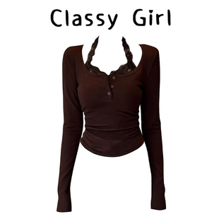 Classy girl 【高智姐姐】咖色蕾丝假两件加绒T恤女秋冬修身上衣