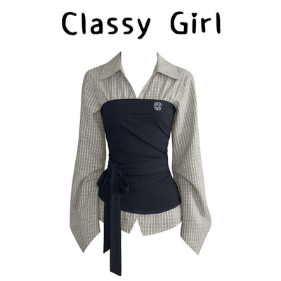 春季韩系辣妹拼接假两件衬衫上衣