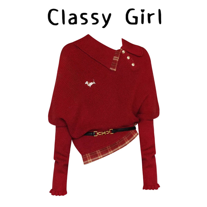 新年红色不规则翻领长袖毛衣女秋冬新款穿搭氛围感宽松针织衫上衣,女装/女士精品,大码内搭,淘宝优惠券,粉丝福利购,淘宝优惠卷