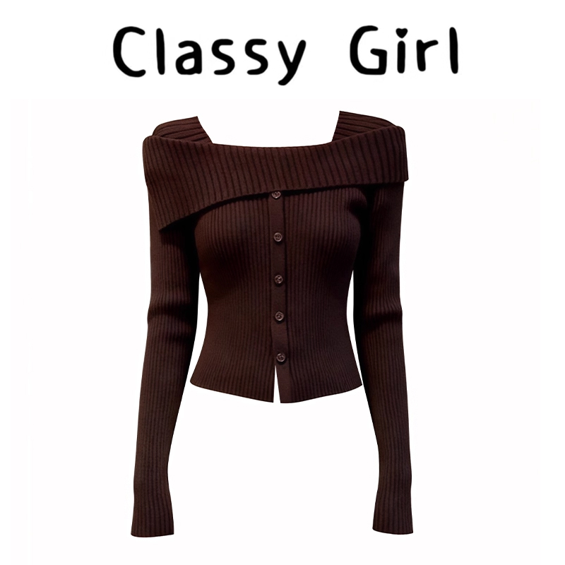 秋冬复古气质一字肩针织毛衣上衣