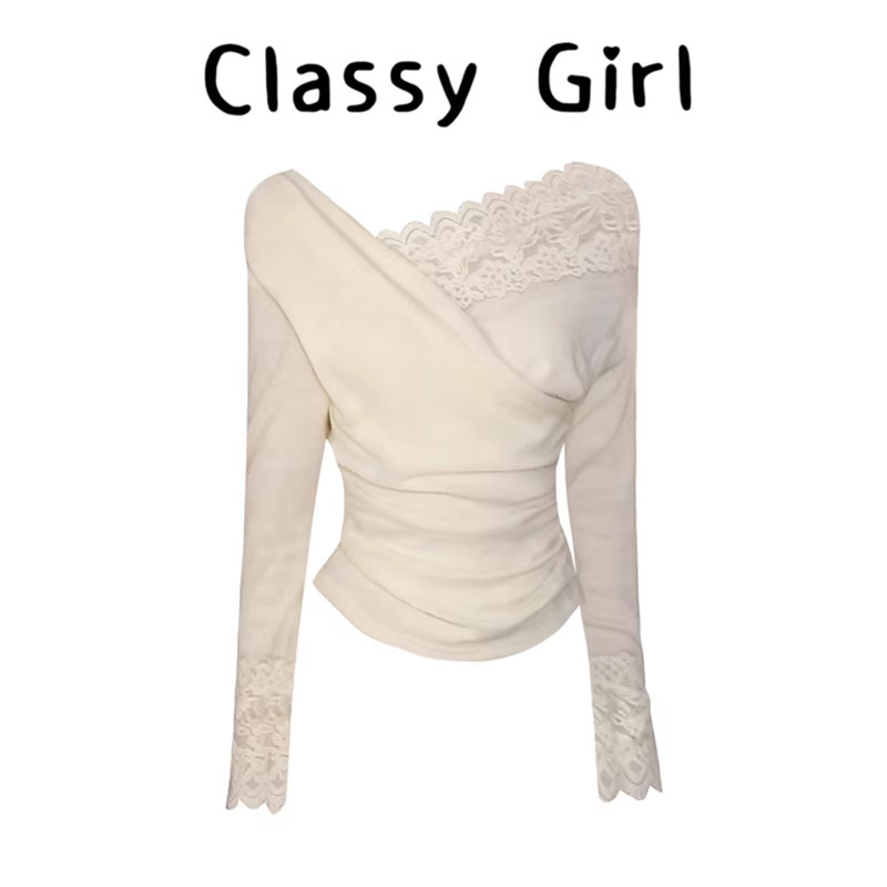 设计感交叉V领蕾丝拼接斜肩上衣女秋冬修身收腰气质百搭长袖上衣,女装/女士精品,大码内搭,淘宝优惠券,粉丝福利购,淘宝优惠卷