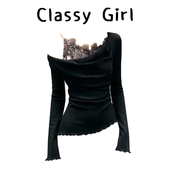 新款 Classy 荡领一字肩上衣显瘦假两件针织衫 女秋季 girl 优雅长袖