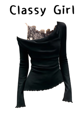 Classy girl 优雅长袖荡领一字肩上衣显瘦假两件针织衫女秋季新款