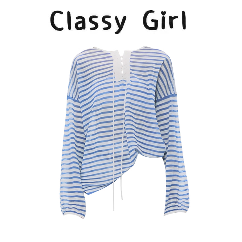 早秋韩设计感绑带条纹针织T恤