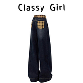 复古格子拼接绑带牛仔裤 女秋季 2025新款 美式 宽松显瘦直筒阔腿裤 子